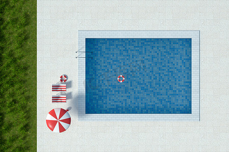 晴天的游泳池，3D 渲染。