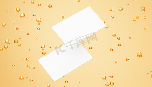 米色背景上带有金色球体的白色空白名片模型，3d 渲染模板