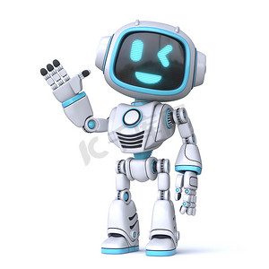 机器人可爱摄影照片_可爱的蓝色机器人挥手 3D