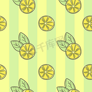 条纹矢量背景摄影照片_条纹无缝背景上的手绘柠檬。