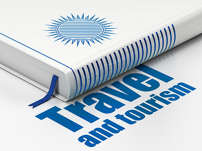旅行概念：在白色背景上预订太阳、旅行和旅游业