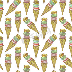 白色背景下不同形状和颜色的插图数字绘图冰淇淋无缝图案