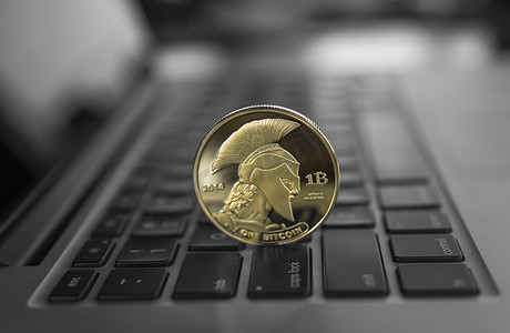 泰坦摄影照片_笔记本电脑键盘上的金泰坦加密硬币。