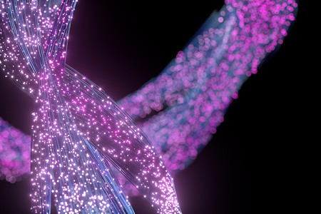发光的紫色粒子和运动线，3D 渲染。