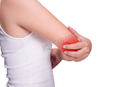 炎症背景摄影照片_患有肘部疼痛的妇女，肘部疼痛。肘部红色突出显示，肘部隔离在白色背景上。