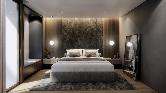 现代豪华卧室内部配有双人床和大理石墙，3D 渲染背景