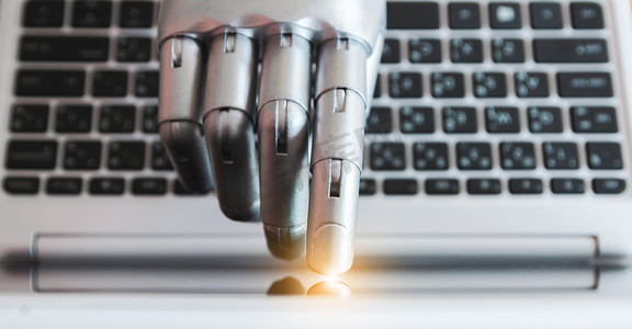 机器人手和手指指向具有光效的笔记本电脑按钮顾问聊天机器人人工智能概念