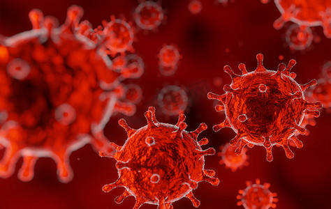 漂浮的细菌摄影照片_电晕病毒2019-ncov流感爆发，红血中漂浮病毒的微观观察，冠状病毒流行概念，3D渲染医学背景