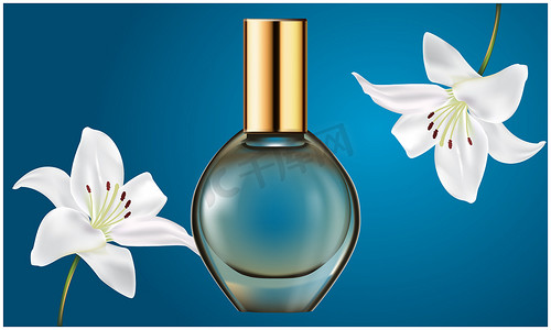 从抽象背景下的花提取物中模拟女性香水的插图