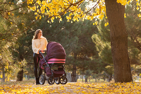 带着婴儿车和新生儿的女孩在美丽的公园里散步