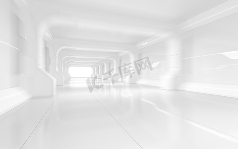白色空隧道，未来派房间，3d 渲染。
