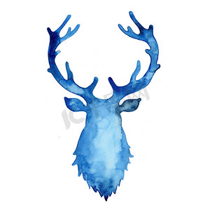 邀请函水彩摄影照片_蓝色鹿的水彩剪影。
