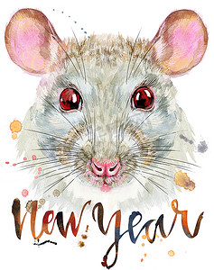 白鼠水彩肖像，题词为新年