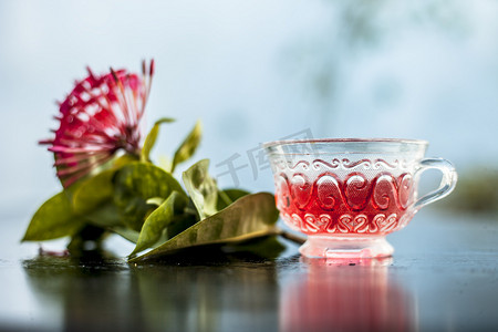 木质表面上红色五角花或埃及星花或茉莉花的特写，其提取的有益解毒茶放在玻璃杯中。