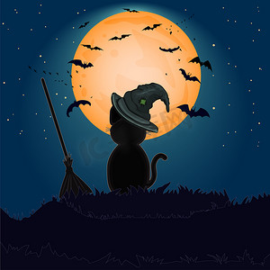 万圣节黑猫与巫婆帽子反对山上的满月。