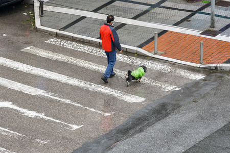 塞萨洛尼基摄影照片_希腊塞萨洛尼基，戴着防护面具的男子带着狗散步。