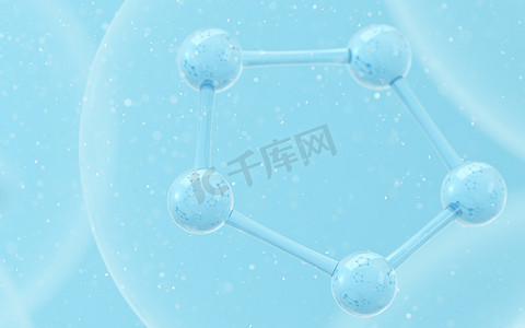 合成背景摄影照片_具有蓝色背景的化学分子，3d 渲染。