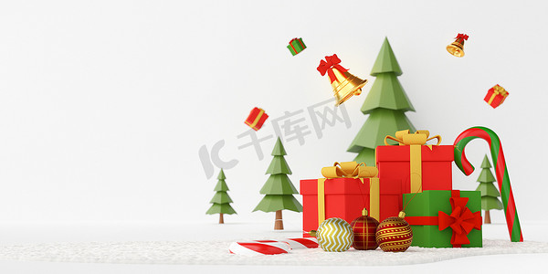 雪地上的圣诞横幅、圣诞礼物和装饰品，后面有松树，白色背景，有复制空间，3d 渲染