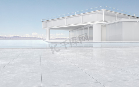 水上乐园展架摄影照片_水上的现代概念建筑，3d 渲染。