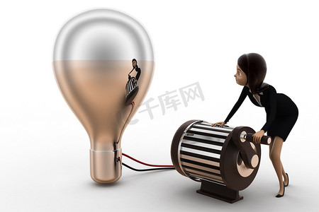 3d 女人使用发电机概念点亮灯泡