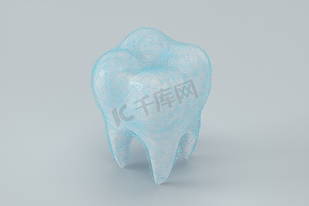 美白牙齿图标摄影照片_白色牙齿，上面有蓝色保护膜，3D 渲染。