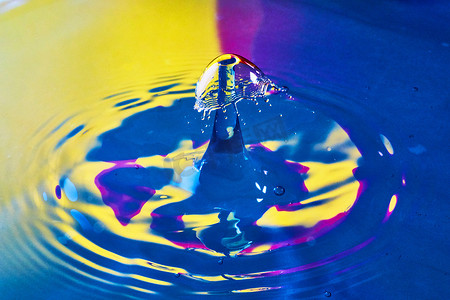 中秋月亮云纹摄影照片_蓝色、紫色和黄色的水波纹和两个水滴一起碰撞