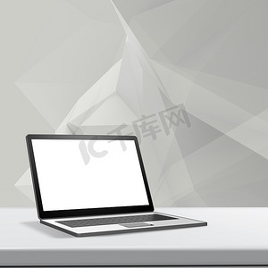 层压板桌上有空白屏幕和低聚几何的笔记本电脑
