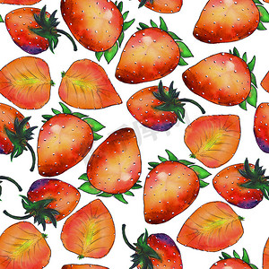 红色手绘草莓摄影照片_抽象水彩手绘的无缝图案在白色背景上绘制美丽的草莓