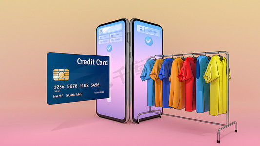 信用卡和衣架上的衣服出现在智能手机屏幕上。在线购物或购物狂概念。带有对象剪切路径的 3D 插图。