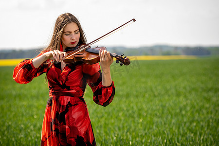 音乐家图片摄影照片_身穿红裙的年轻女子在绿色草地上拉小提琴 — 图片