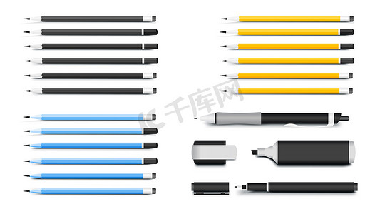 文具图标摄影照片_钢笔、铅笔、记号笔和 Textliner。