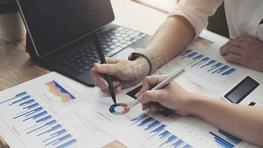 投资与合作理念，业务财务检查员在办公会议上分析绩效数据。