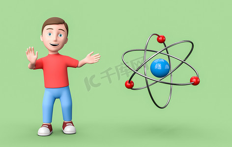 年轻的 3D 卡通人物和原子在绿色背景与复制空间