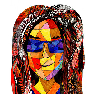 用彩色铅笔绘制的梦幻女性彩色玻璃肖像。