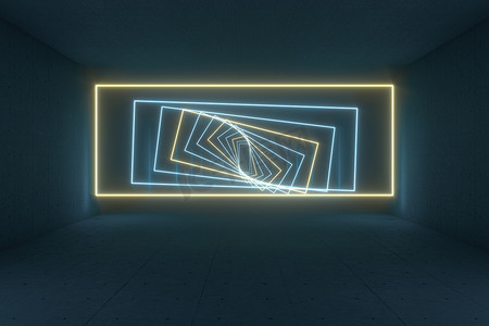 黑暗隧道中发光的矩形线，3D 渲染。