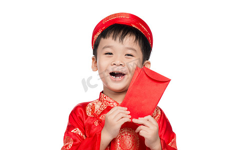 越南小男孩拿着红包过春节。