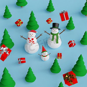 圣诞快乐，新年快乐，松林中的雪人带着圣诞礼物，3d 渲染