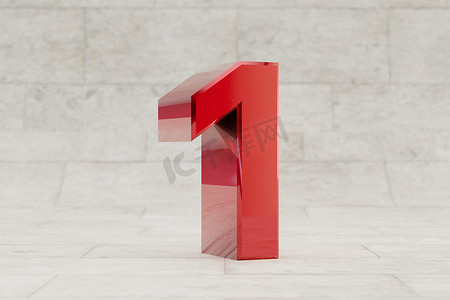 红色 3d 数字 1。石材瓷砖背景上有光泽的红色金属数字。 