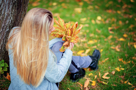 一个穿着灰色羊毛衫的漂亮女孩坐在公园的草地上，手里拿着一束秋黄枫叶