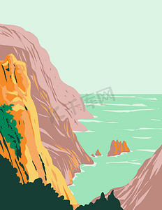 Calanques 国家公园或 Parc National Des Calanques 位于 Bouches-Du-Rhone 法国装饰艺术 WPA 海报艺术地中海沿岸的 Sugiton