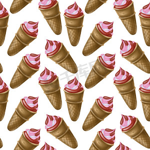 樱桃冰淇淋图案摄影照片_白色背景上不同形状和颜色的插图数字绘图冰淇淋无缝图案