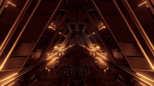未来科幻太空战舰机库隧道走廊，带反光玻璃窗 3D 插画背景壁纸