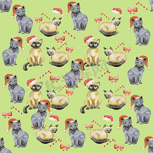 圣诞猫水彩手工无缝图案数码纸背景