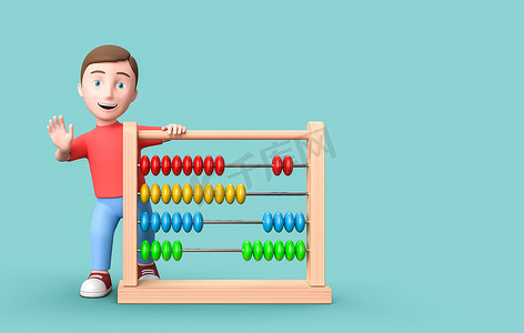 年轻的 3d 卡通人物与算盘在蓝色背景与副本空间