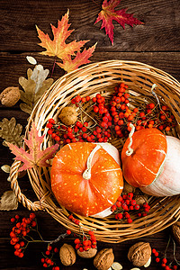 秋天的背景，树叶和南瓜，感恩节和万圣节贺卡