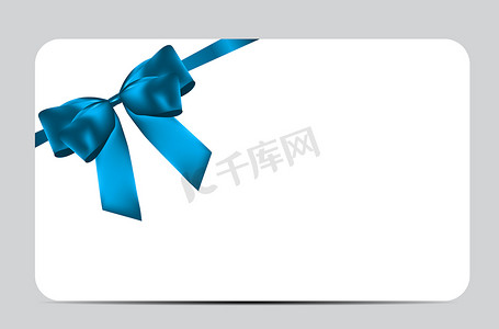 礼品卡模板摄影照片_带蓝色蝴蝶结和丝带的空白礼品卡模板。