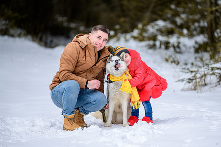 快乐的父亲和小女儿和哈士奇狗在冬天的森林里散步。
