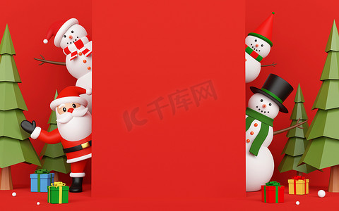圣诞快乐，新年快乐，圣诞老人和雪人在卡片邀请函上，中间有复制空间，3d 渲染