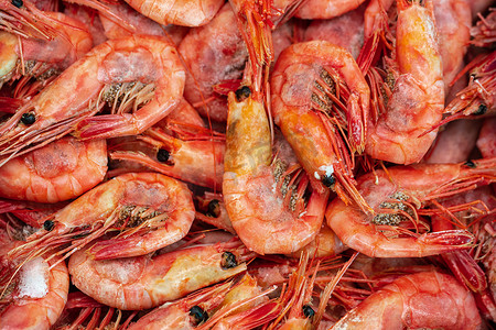 大量水煮冷冻野生虾和在海水中烹制的鱼子酱。