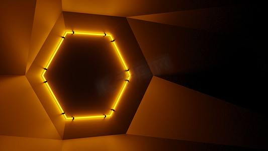 霓虹橙色六边形灯照亮的抽象几何